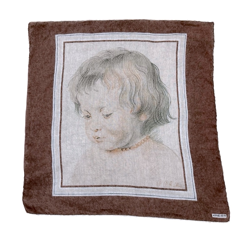 Kreier Vintage Portrait of a Boy Brown White Artistic Handkerchief Hankie